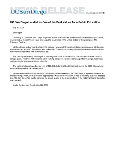 UC San Diego Lauded as One of the Best Values for a Public Education