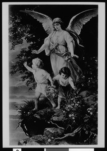 The painting "Guardian Angel" by Plockhorst, depicting children being attended by an angel in the wilderness