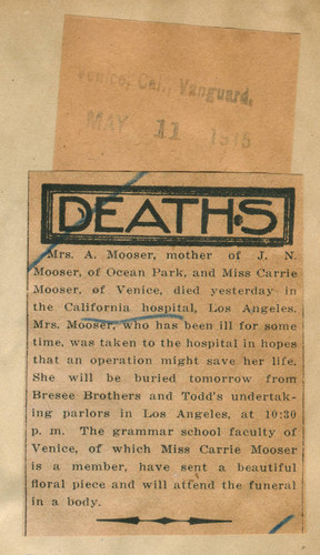 Death of Mrs. A. Mooser