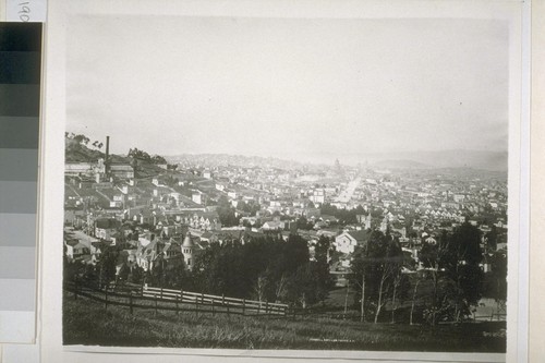 Twin Peaks, looking east to Market Street. Gray Brothers brickyard on extreme left. Ca. 1902. [Photograph by Turrill and Miller.]