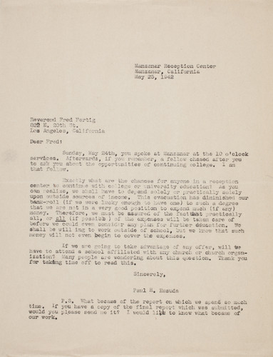 Letter from Paul H. Kusuda to Fred Fertig, 1942 May 25