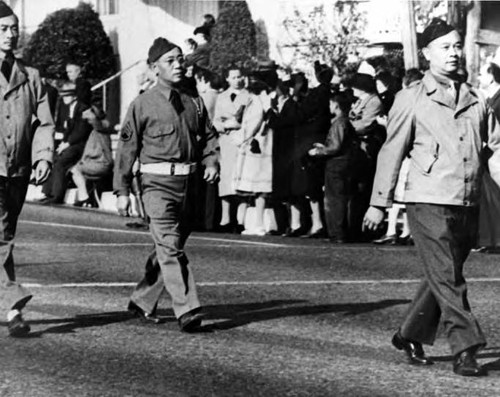 Captain Soo Hoo, Senior. California State Chinese Militia. New Years Day Parade. Also present is Sergeant Ung and Lieutenant Richard Loo