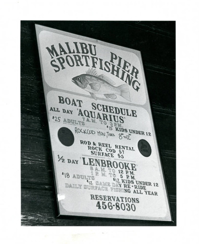 Malibu Pier Sport Fishing day boat pricing sign, 1980s