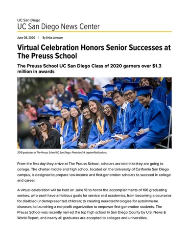 Virtual Celebration Honors Senior Successes at The Preuss School