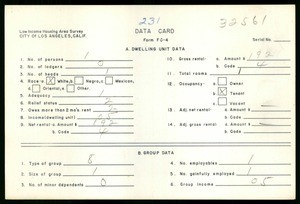 WPA Low income housing area survey data card 231, serial 32561