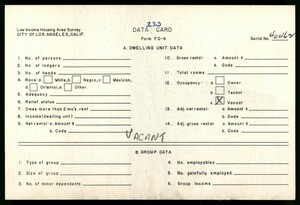 WPA Low income housing area survey data card 233, serial 40462, vacant