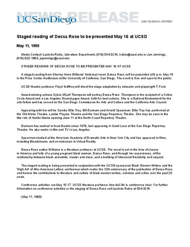 Staged reading of Dessa Rose to be presented May 16 at UCSD