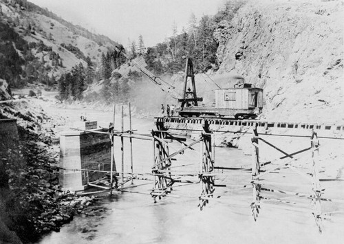 Construction of railroad trestle in Feather River Canyon