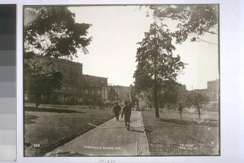 Portsmouth Square, looking northwest. Robert Louis Stevenson monument, center. [No. 538. Photograph by T.E. Hecht. 1905.]