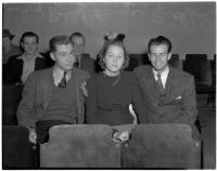 Robert Lange, his sister Ruth Lange and Werner Kawert sitting in a row of seats, Los Angeles, 1940