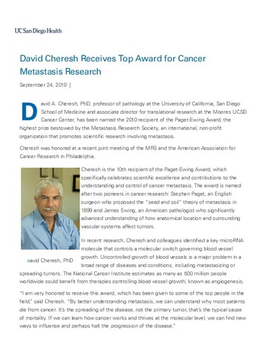 David Cheresh Receives Top Award for Cancer Metastasis Research