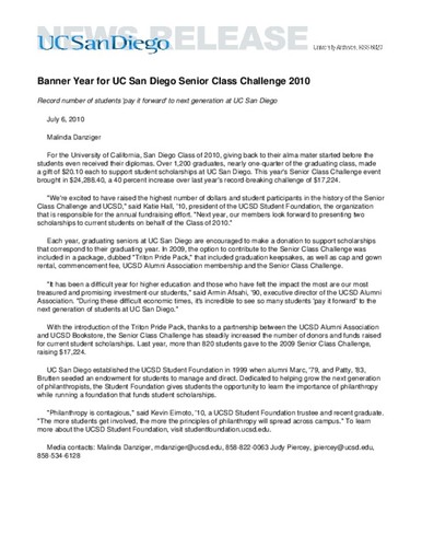 Banner Year for UC San Diego Senior Class Challenge 2010--Record number of students 'pay it forward' to next generation at UC San Diego