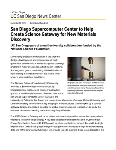 San Diego Supercomputer Center to Help Create Science Gateway for New Materials Discovery