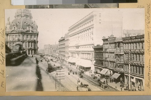 Looking East on Market from Powell, see the Baldwin Hotel on the left and the Emporium, Academy of Sciense [sic] and James Flood Blds. on the right