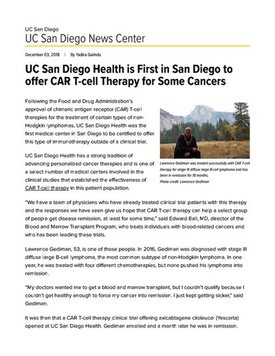 UC San Diego Health is First in San Diego to offer CAR T-cell Therapy for Some Cancers