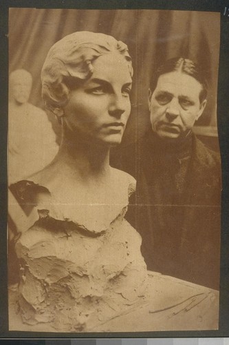 [Newspaper clipping of Haig Patigian beside his sculpture of Helen Mills]