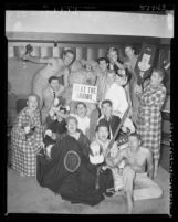 USC Sigma Phi Epsilon fraternity members with kidnapped UCLA stuffed bear mascot "Joe Bruin" in Los Angeles, Calif., 1952