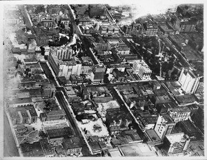 Aerial photograph showing a number of multistory buildings in Los Angeles, ca.1920