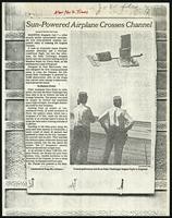 Sun-powered airplane crosses Channel, New York Times (2 items)