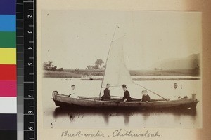 Missionary party in boat, Chittiwalsah, India, ca.1885-1889