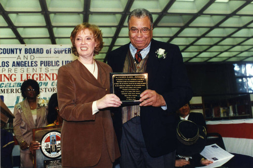 County Librarian and James Earl Jones Hold Plaque