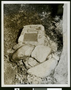 Marker in Placerita Canyon indicating the site of gold discovery in 1842, ca.1900-1940