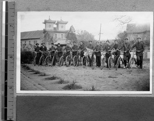 Student outing on bicycles, Harwood Bible Training School, Fenyang, Shanxi, China, 1937