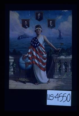 Poster depicting allegorical woman, US flag, and three US presidents
