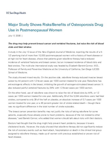 Major Study Shows Risks/Benefits of Osteoporosis Drug Use in Postmenopausal Women