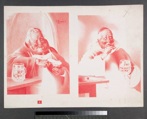 [Proof sheet of two monks, red color]
