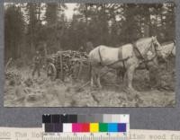 The Hobart Estate is using limb wood for donkey fuel and finds it much better than slabwood. It is made and delivered at Ry. or to donkey on contract. Hauling done in "Go-Devil" shown here. July, 1922