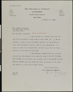 Harold Strong Latham, letter, 1921-12-09, to Hamlin Garland