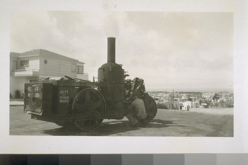 Department of Public Works, San Francisco, steam street roller, 17th [i.e. Seventeenth] Ave. & Noriega Sts. 1939