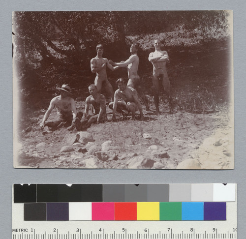 Group of naked men at swimming hole, view Q, University of California at Berkeley, Summer School of Surveying. [photographic print]