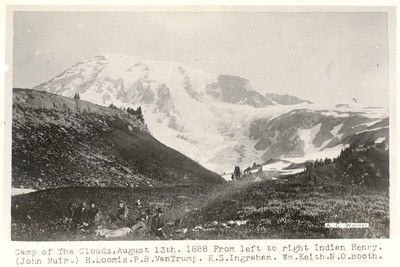 John Muir, H. Loomis, P. B. Van Trump, E. S. Ingraham, William Keith, N. O. Booth at Camp of the Clouds, Mount Rainier, Washington