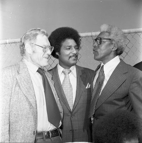 Bayard Rustin talking with Sigmund Arywitz and Ken Orduna, Los Angeles, 1973