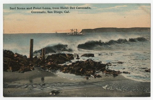 Surf scene and Point Loma, from Hotel del Coronado, Coronado, San Diego, Cal