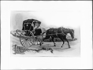 Drawing "The One Horse Shay" depicting a man riding in a horse-drawn carriage, ca.1880