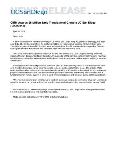 CIRM Awards $5 Million Early Translational Grant to UC San Diego Researcher