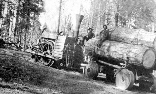 Steam tractor and wagon with huge logs on it