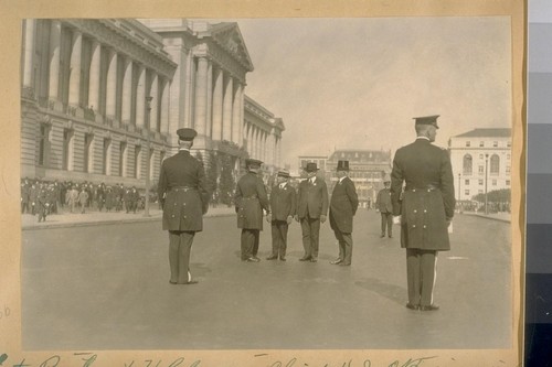 L. to R.: Capt. H. Gleeson - Chief D.J. O'Brien in front of him, Mayor Jas. Rolph, Jr. - Commissioner Theo. J. Roche - Jesse B. Cook - Andrew J. Mahoney, and Capt. F. Lemon. Oct. 27/23