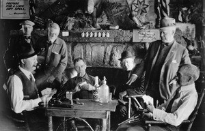 Sunset Club members playing cards at a cabin at Lake Arrowhead, ca.1905