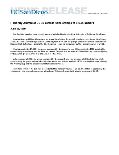 Honorary Alumni of UCSD awards scholarships to 6 S.D. seniors