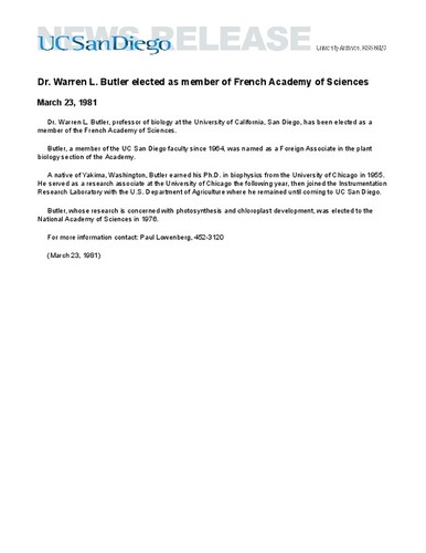 Dr. Warren L. Butler elected as member of French Academy of Sciences