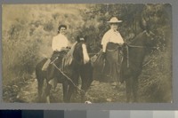[Unidentified women on horses. Post card.]