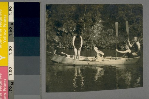 Our mother & Jane. Dad one of oarsmen. Lawrence May is 2d from right. Mrs. May in middle of boat with Elsie Jane