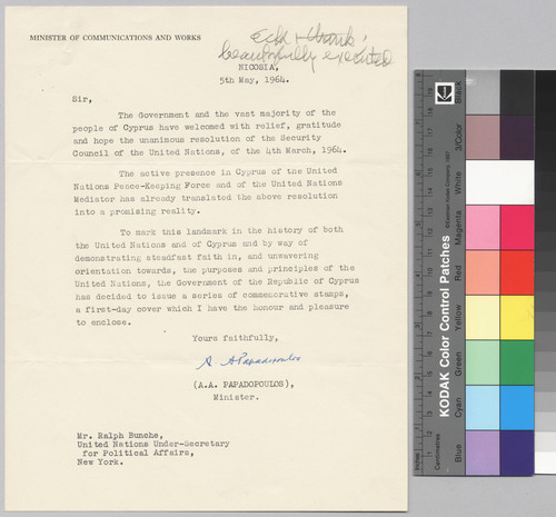 Letter, 1964 May 5, Nicosia, Cyprus, to Mr. Ralph Bunche, United Nations Under-Secretary for Political Affairs, New York, N.Y