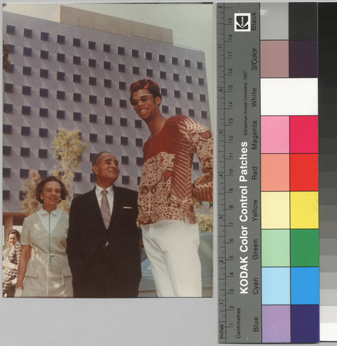 Ruth Bunche, Ralph J. Bunche, and Lew Alcindor (Kareem Abdul-Jabbar) in front of Bunche Hall, UCLA