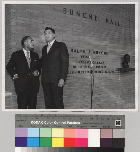 Ralph J. Bunche and Charles E. Young in front of Bunche Hall, UCLA