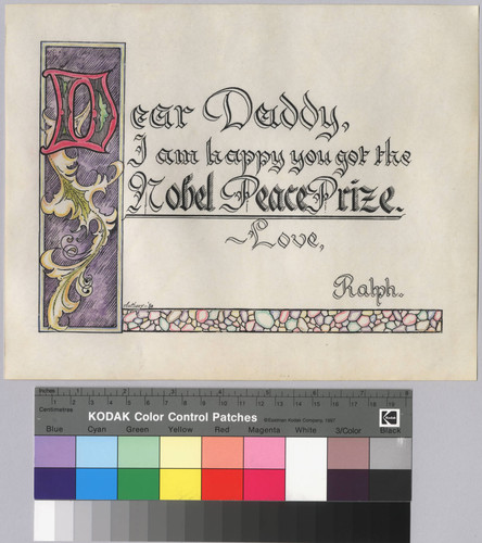 Congratulatory certificate, from Ralph Bunche, Jr. to his father, Ralph J. Bunche